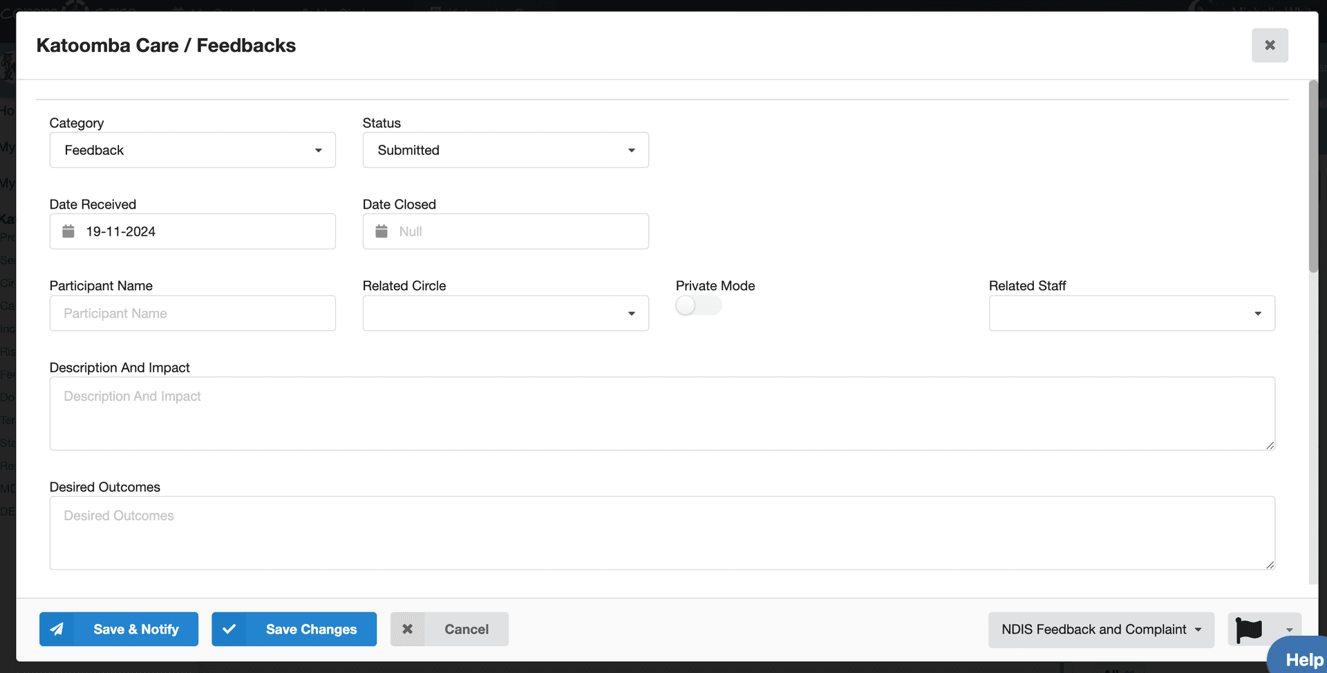 Recording a feedback or complaint in Comm.care