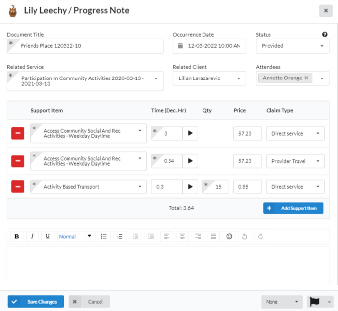 Easily record progress notes on comm.care