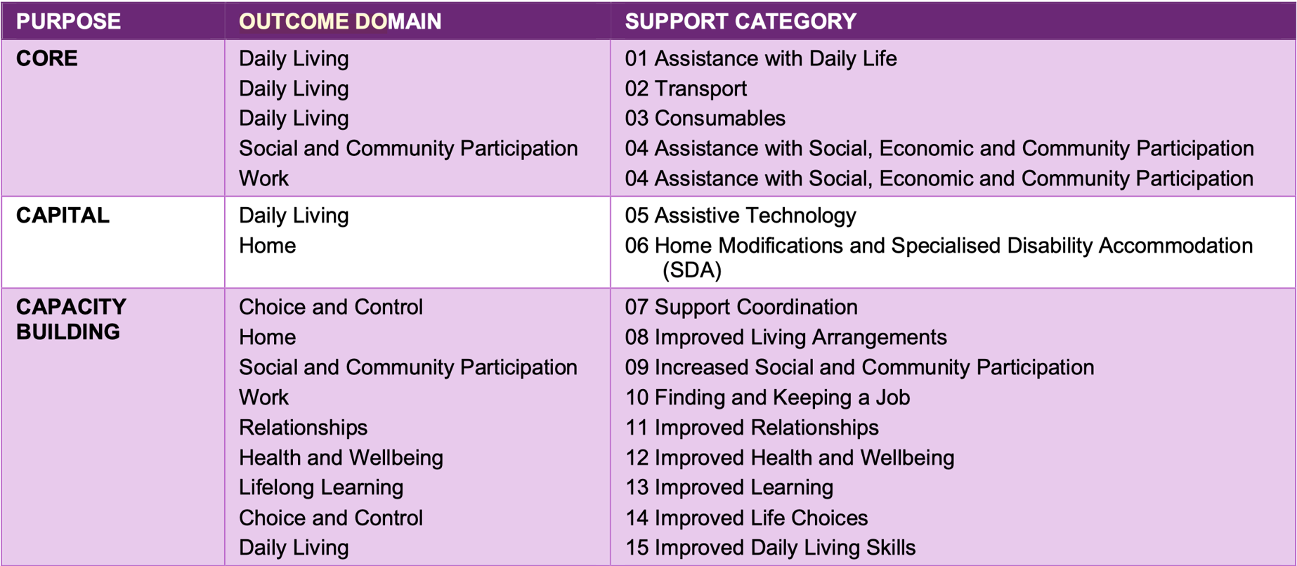 The Support Purposes match the Outcome Framework and its 15 NDIS Support Categories.